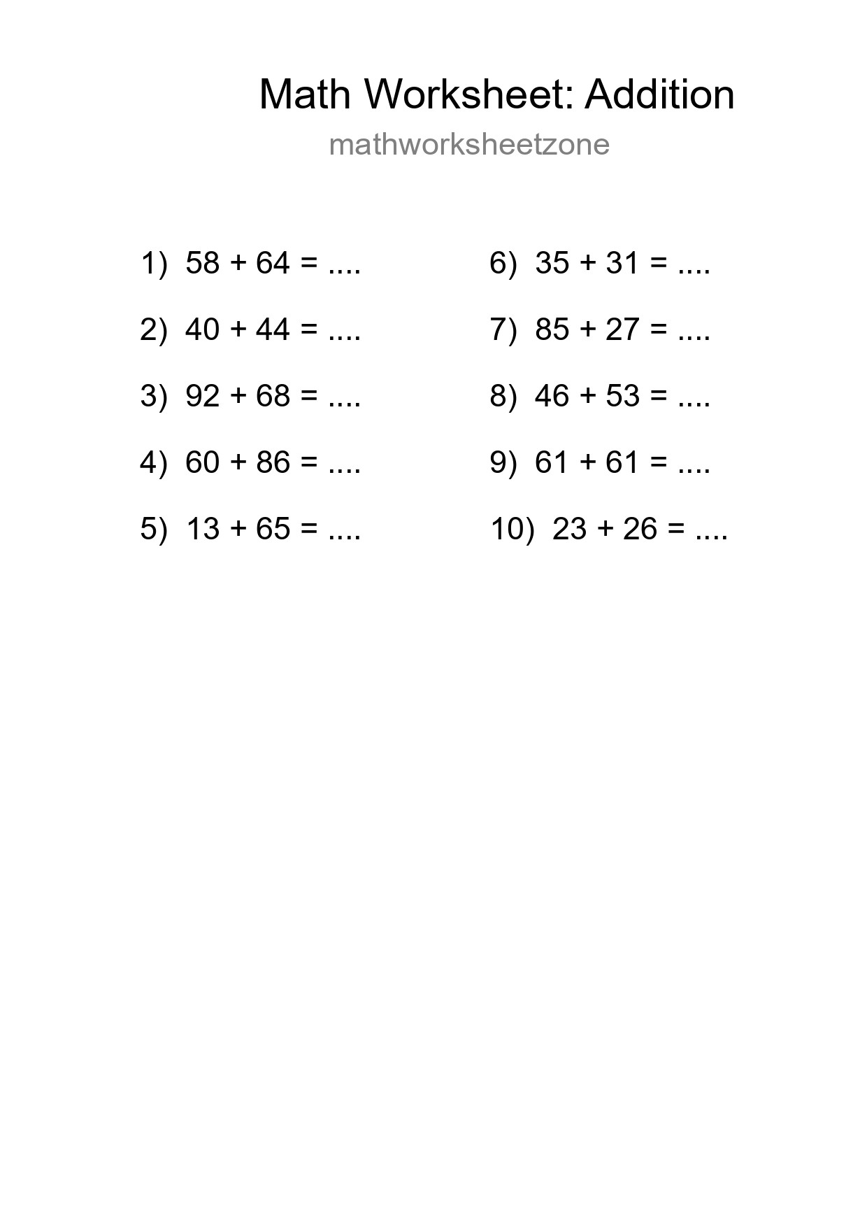 Printable Free 10 Addition Math Worksheet For Grade 3 - Part 111