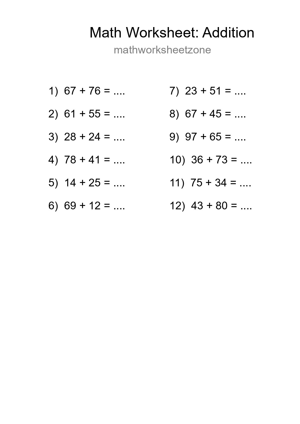 Printable Free 12 Addition Math Worksheet For Grade 3 - Part 131
