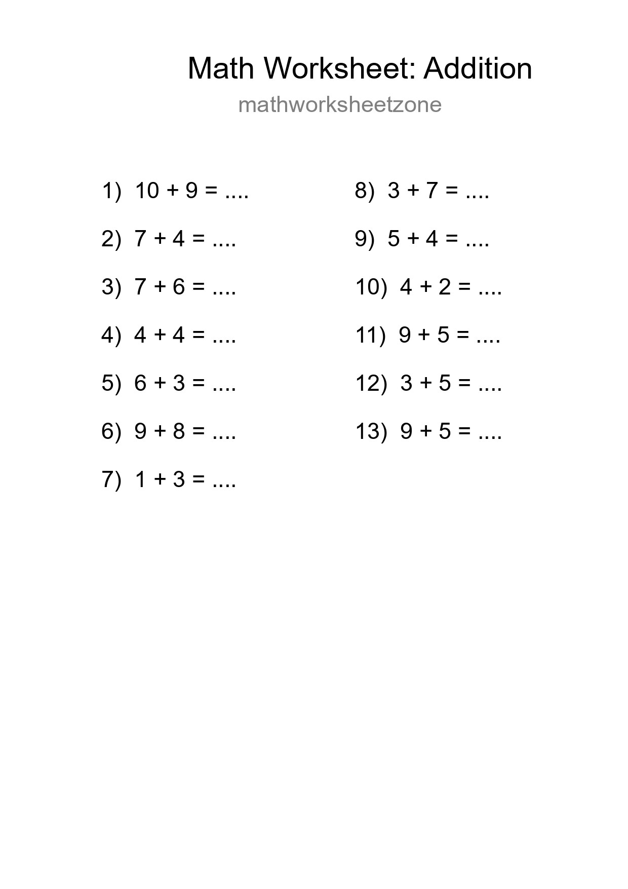 Printable Free 13 Addition Math Worksheet For Grade 1 - Part 251