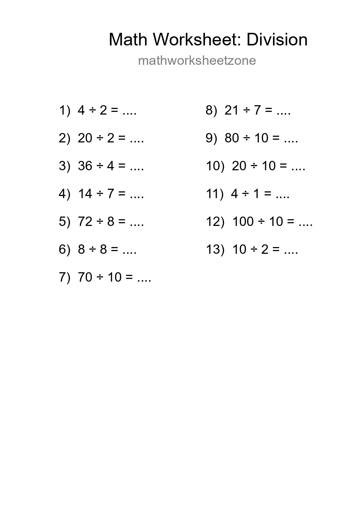 Printable Free 13 Division Math Worksheet For Grade 1 - Part 24