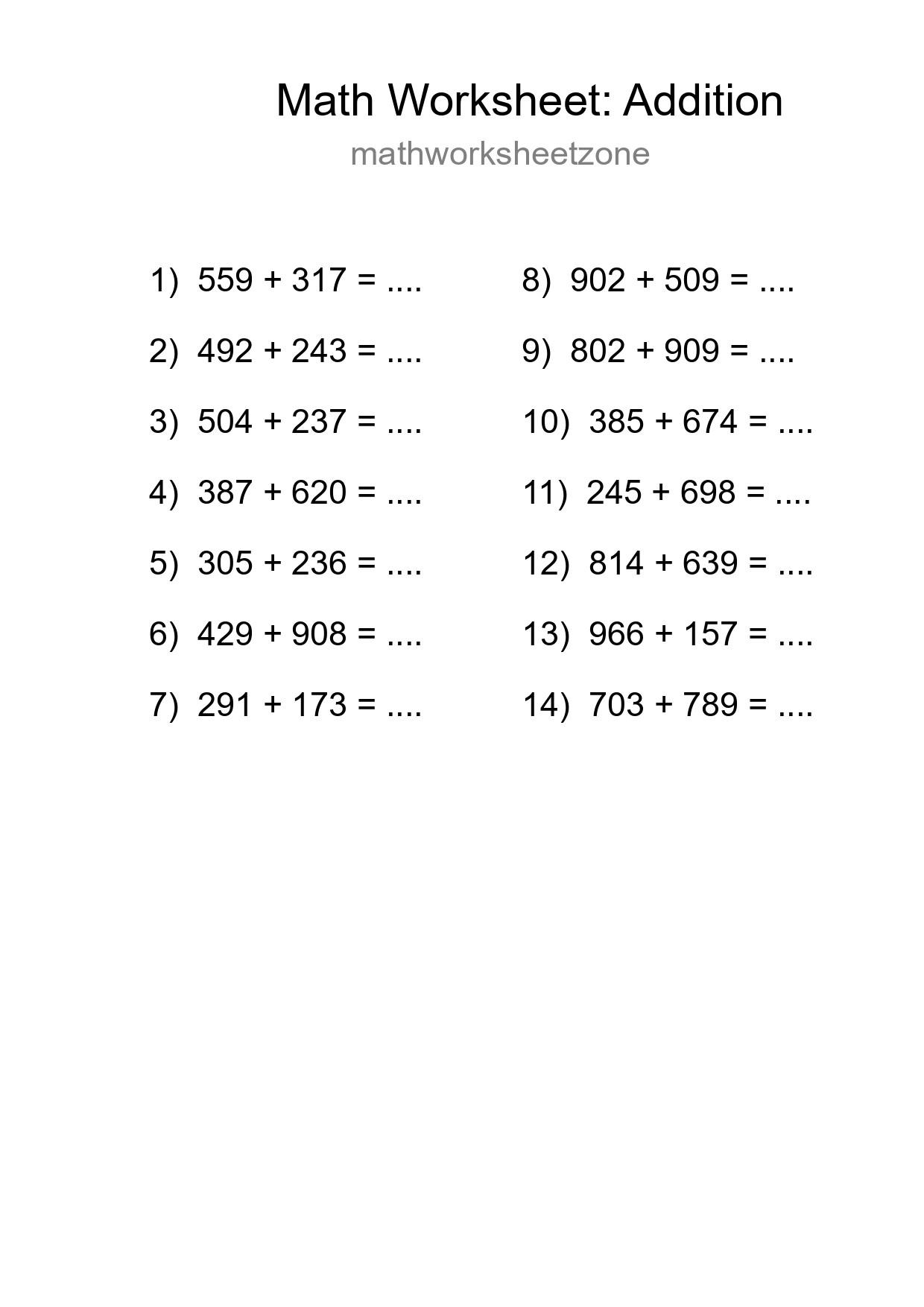 Printable Free 14 Addition Math Worksheet For Grade 5 - Part 281
