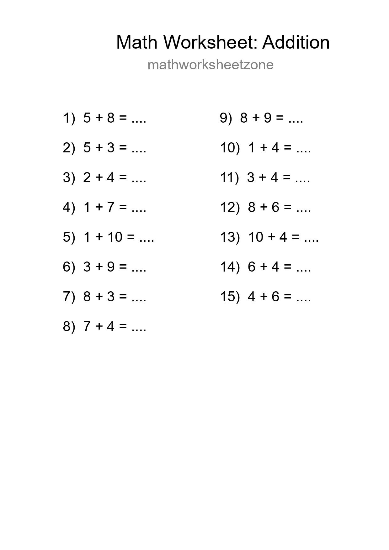 Printable Free 15 Addition Math Worksheet For Grade 1 - Part 101