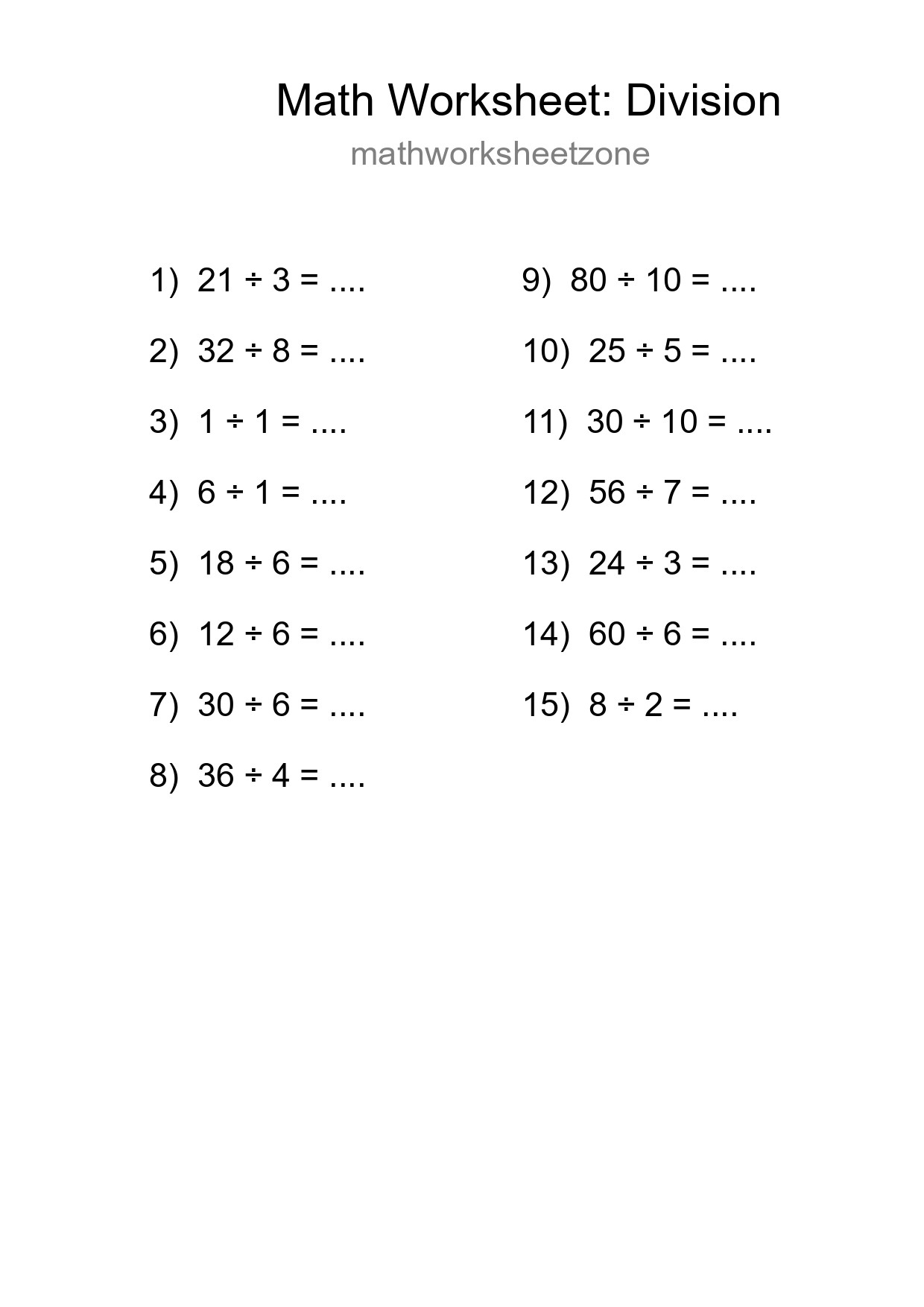 Printable Free 15 Division Math Worksheet For Grade 1 - Part 234