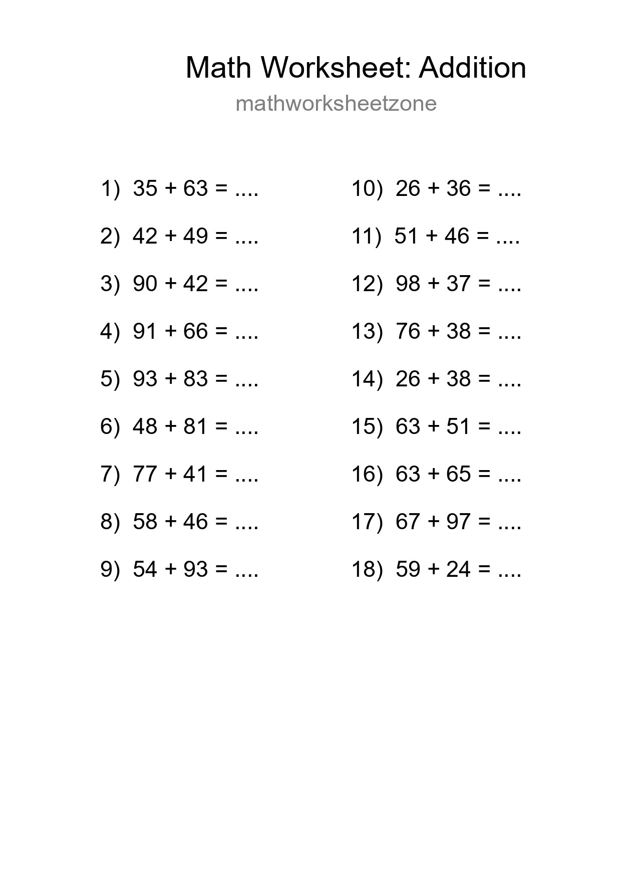 Printable Free 18 Addition Math Worksheet For Grade 3 - Part 271