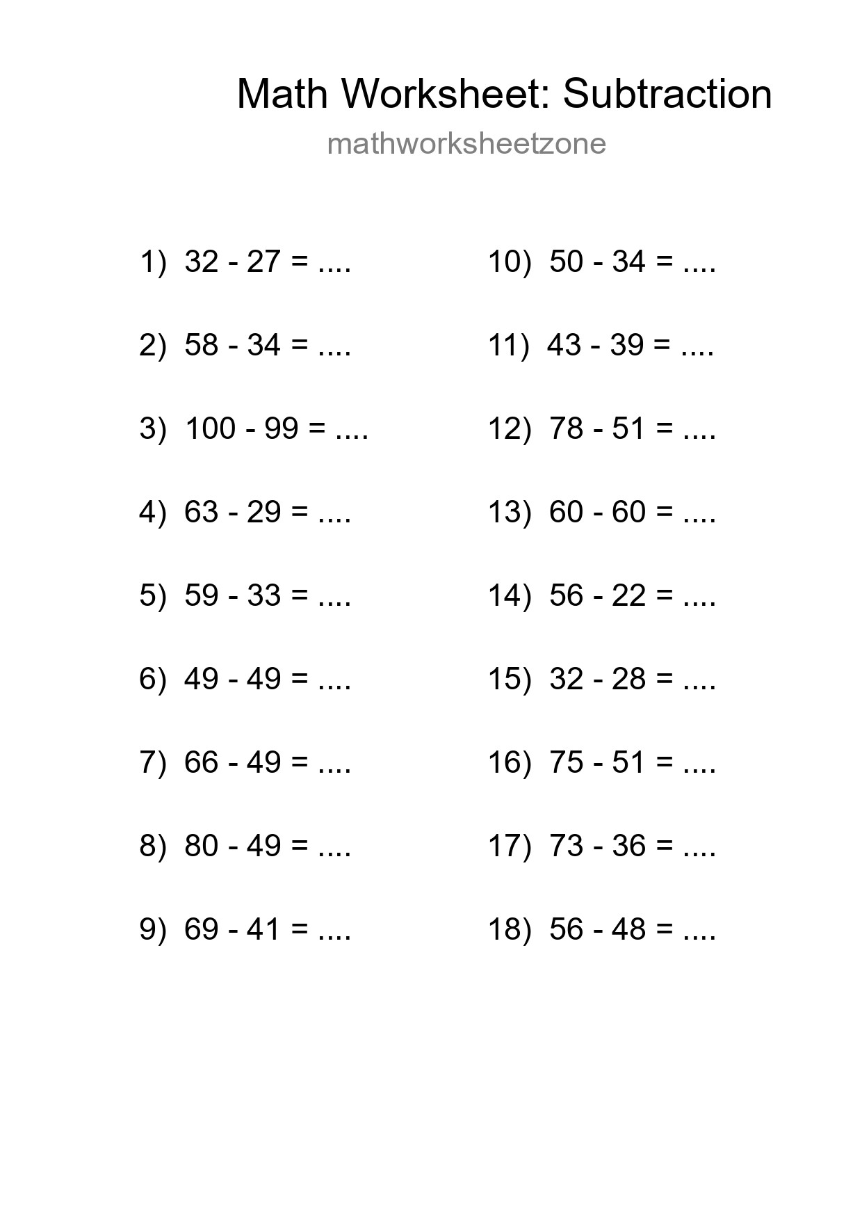 Printable Free 18 Subtraction Math Worksheet For Grade 3 - Part 288