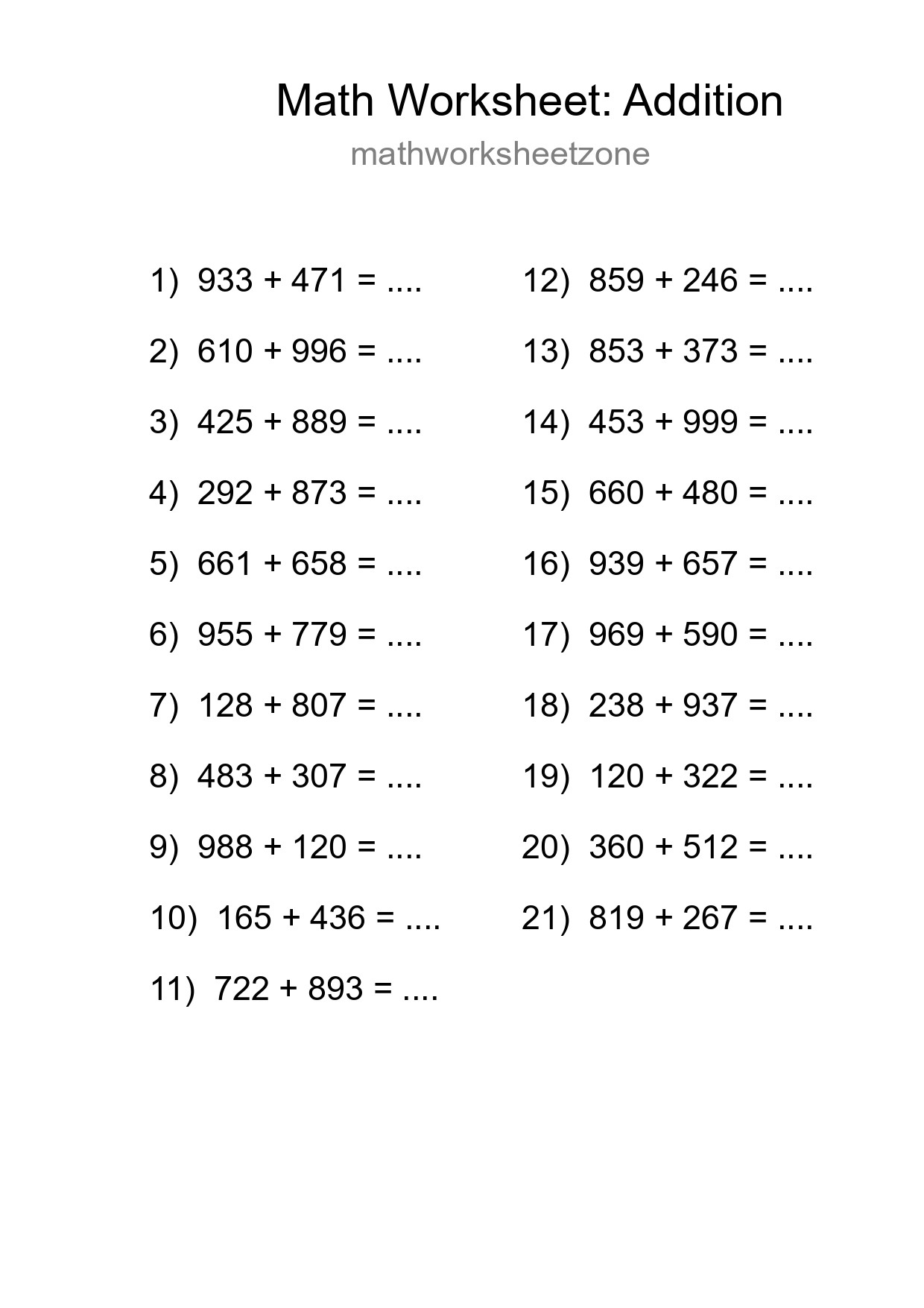 Printable Free 21 Addition Math Worksheet For Grade 5 - Part 41