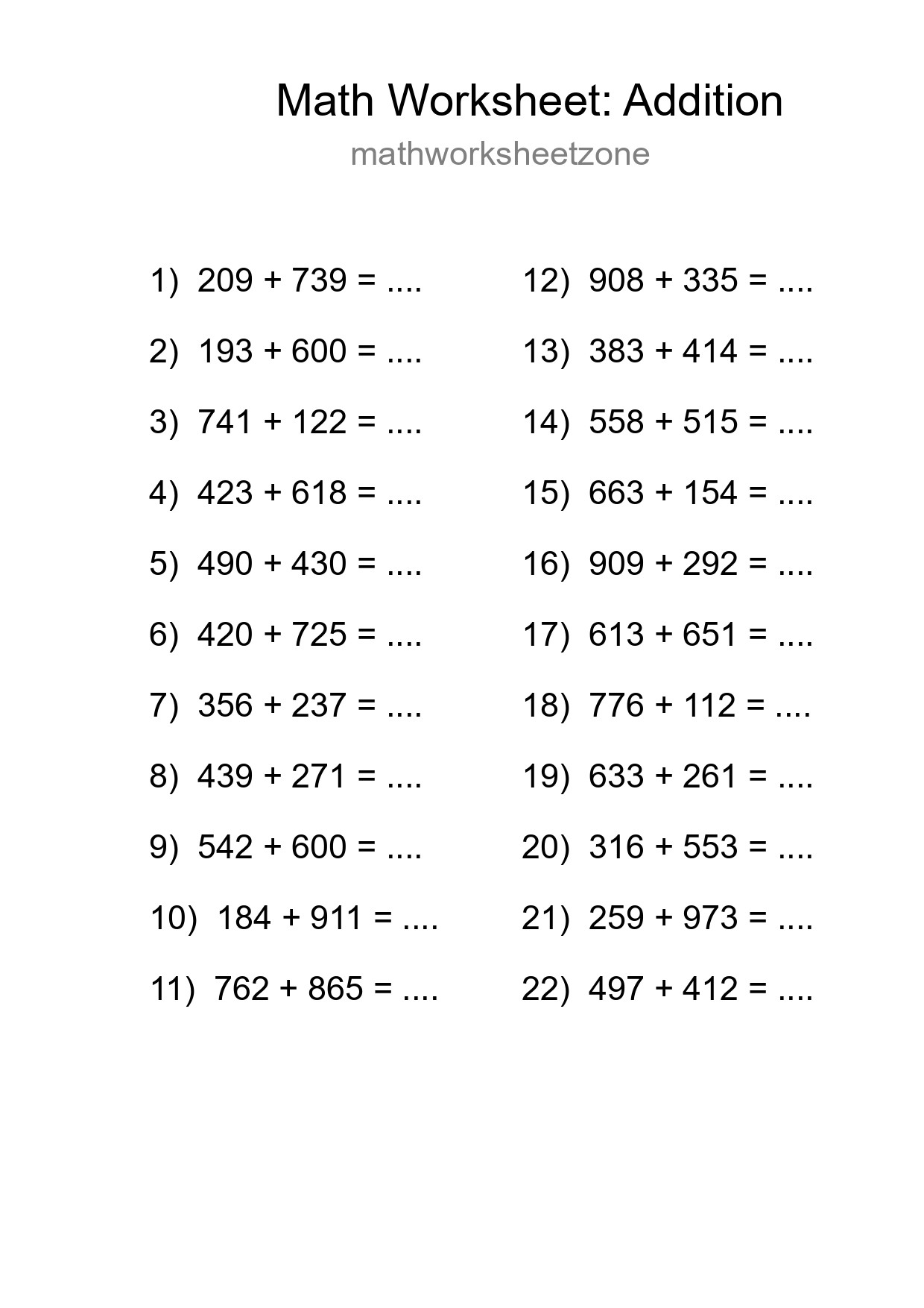 Printable Free 22 Addition Math Worksheet For Grade 5 - Part 261
