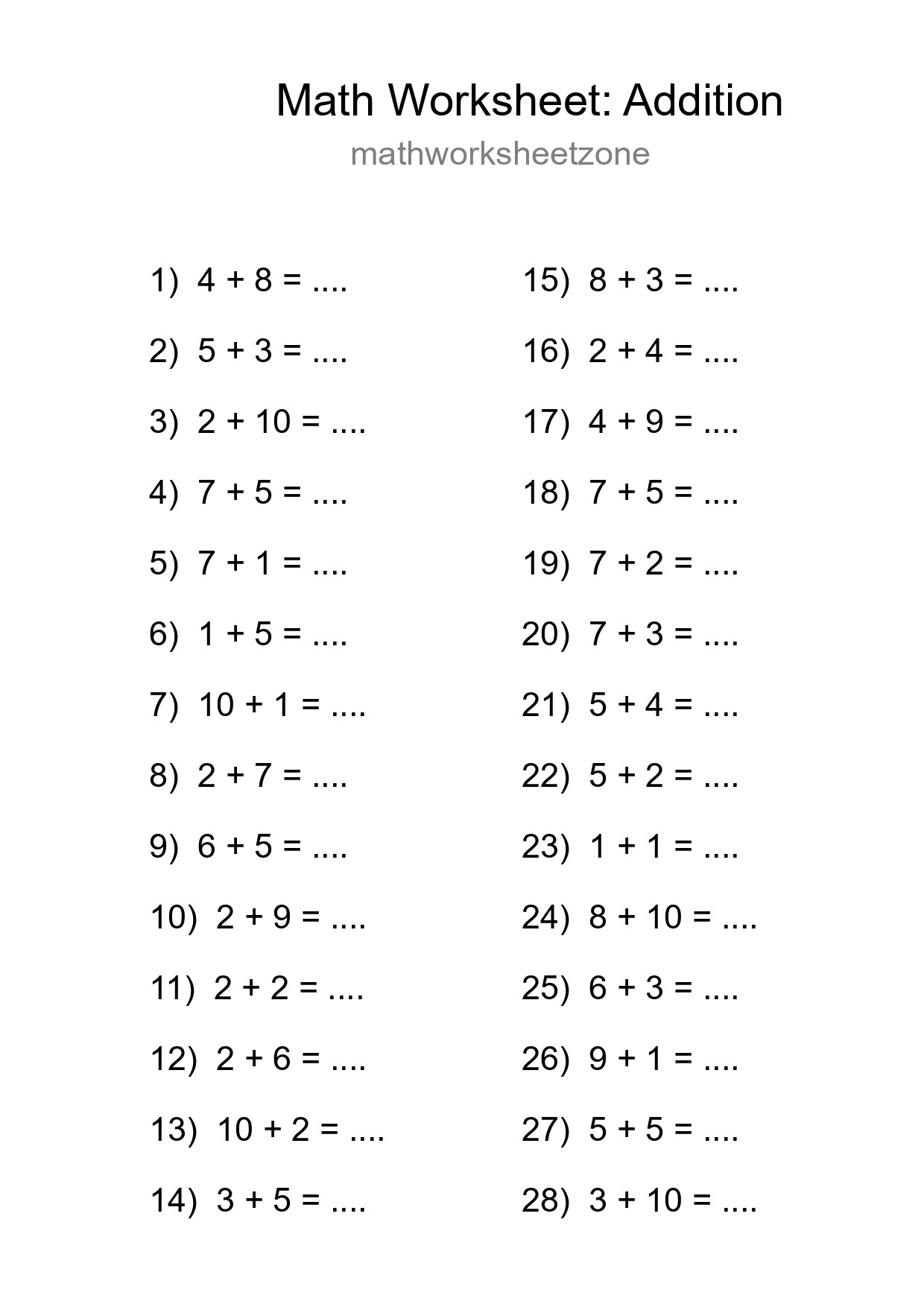 Printable Free 28 Addition Math Worksheet For Grade 1